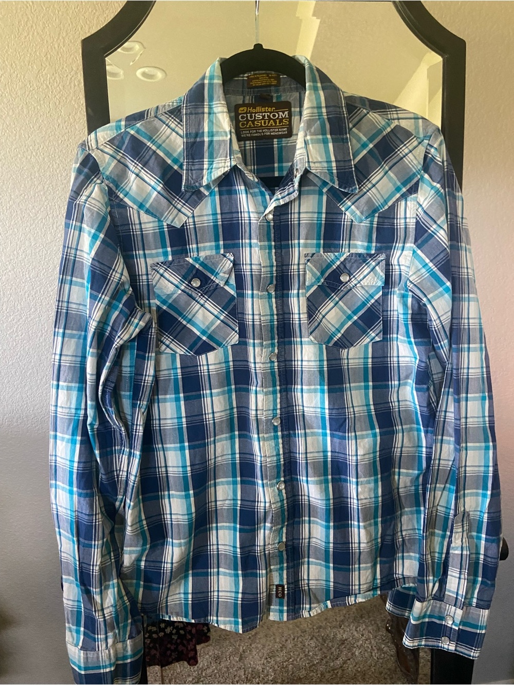 Hollister Men's Navy & Teal Plaid Western Button-Down Shirt